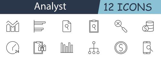 Analyst set icon. Graph, bar chart, report, clipboard, magnifying glass, dollar coins, clock, statistics, hierarchy, financial, smartphone, analysis. Data analysis concept. line icon vector