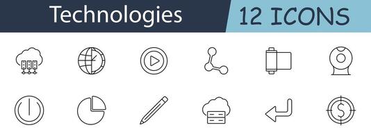 Technologies set icon. Servers, globe, play button, share, camera, webcam, power button, pie chart, pencil, cloud storage, back arrow, target. Tech concept. line icon on white background. vector