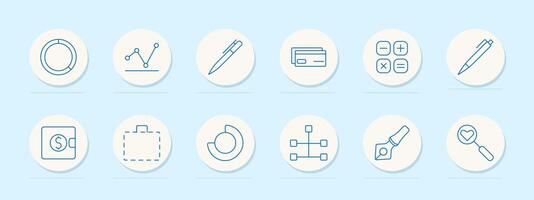 Data analytics set icon. Chart, bar graph, clock, clipboard, document, coins, hierarchy, folder, magnifying glass. Statistics, performance, business metrics concept. line icons vector
