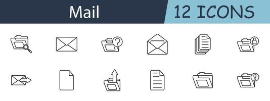 Mail set icon. Folder, envelope, query, inbox, outbox, document, sent, received, attachment, message, communication. Email concept. line icon on white background. vector