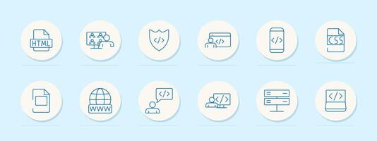 Web development set icon. HTML, team, shield, user, mobile coding, CSS, document, WWW, speech bubble, code presentation. Coding, programming, cybersecurity, education concept. vector