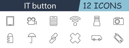 IT button set icon. Tablet, movie camera, document, wifi, USB, camera, lock, umbrella, link, cross, truck, mobile phone. IT tools, security, connectivity, multimedia concept. vector