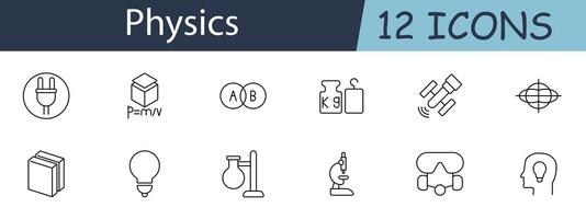 Physics set icon. Includes formulas, lab equipment, and scientific tools symbols. Suitable for education, research, and science concepts. line icon on white background. vector