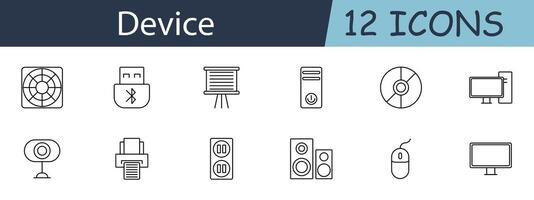 Device set icon. Fan, USB, projector screen, computer, CD, monitor, webcam, printer, outlet, speaker, mouse, display. Electronics concept. line icon on white background. vector