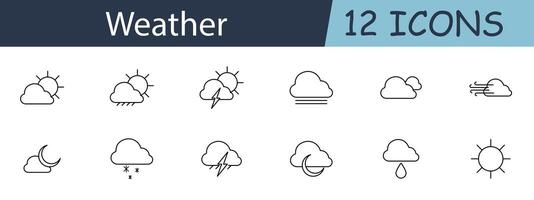 Weather set icon. Sun, cloud, rain, storm, fog, wind, snow, moon, thunder, drizzle, overcast, clear. Meteorology concept. line icon on white background. vector