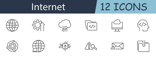 Internet set icon. Globe, gear, cloud, folder, coding, head, computer, magnifying glass, warning, email, download. Internet services, digital technology, web development concept. vector