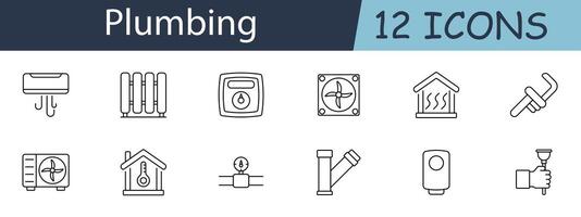 Plumbing set icon. Includes HVAC, pipes, radiators, and tools symbols. Suitable for heating, cooling, and plumbing services concepts. line icon on white background. vector