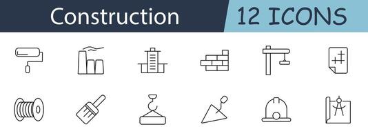 Construction set icon. Includes buildings, cranes, tools, and safety gear symbols. Suitable for building, engineering, and construction industry concepts. line icon on white background. vector