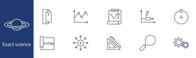Exact science set icon. Battery, graph, formula, , charge, protractor, magnifier, gear. Mathematics, physics, engineering concept. vector