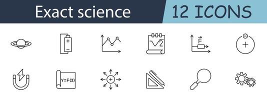 Exact science set icon. Planet, battery, graph, square root, force, particle, magnet, function, , protractor, magnifier, gears. Scientific concept. line icon on white background. vector