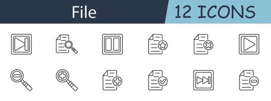 File set icon. Play, pause, search, star, delete, add, zoom in, zoom out, forward, backward, document, checkmark. Document management, multimedia control, file operations concept. vector