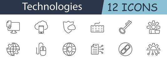 Technologies set icon. Includes cloud storage, security, devices, keyboard, and network symbols. Perfect for tech, IT services, and digital solutions concepts. line icon on white background. vector