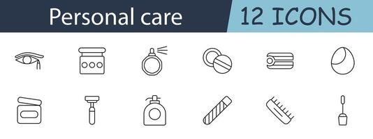 Personal care set icon. Includes eye care, perfume, pills, and grooming tools symbols. Ideal for beauty, hygiene, and health care concepts. line icon on white background. vector