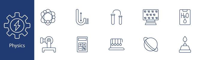 Physics set icon. Atom, magnet, calculator, Newton's cradle, planet. Science, research, experiments, physical laws concept. vector
