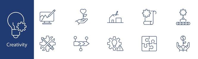Creativity set icon. Design, growth, innovation, process, puzzle. Creative thinking, idea development, project planning concept. vector