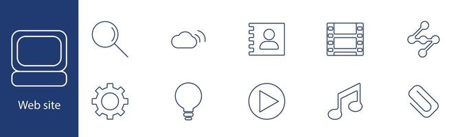 Website set icon. Search, cloud, user profile, , music. Web design, online content, multimedia, digital presence concept. vector