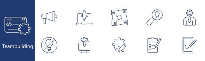 Teambuilding set icon. Hands, megaphone, rocket, ideas, teamwork, integration, leader, planning, unity, collaboration. Company culture, cooperation concept. vector
