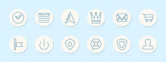 Interface set icon. Checkmark, crown, shopping cart, and profile. UI, navigation, e-commerce, and user concept. vector