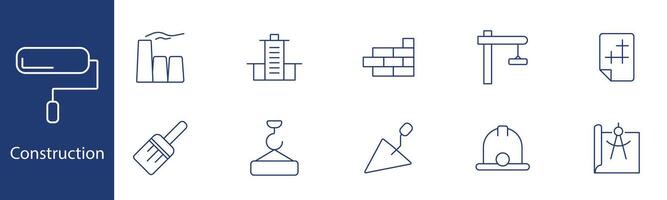 Construction set icon. Factory, building, bricks, crane, blueprint, trowel, hard hat, plan. Construction work, architecture, civil engineering, building project concept. vector