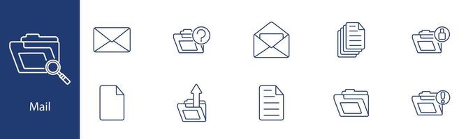 Mail set icon. Folder, email, document, search, sent, received, question, alert. Communication, correspondence, office concept. vector