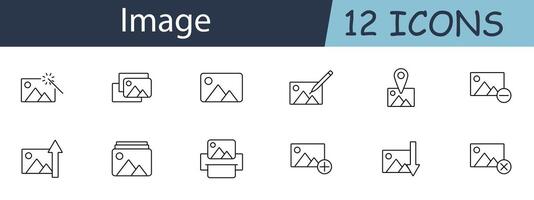 Image set icon. Photo, magic wand, gallery, edit, location, upload, download. Image management, photo editing, digital media, visual content concept. vector