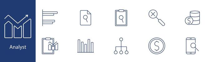 Analyst set icon. Bar chart, document, clipboard, data, money, hierarchy, graph, smartphone, coin, report. Business, finance, analysis concept. vector