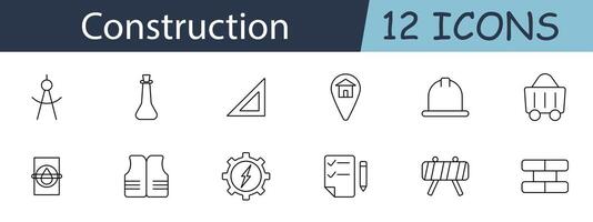 Construction set icon. Includes tools, safety gear, buildings, plans, and machinery symbols. Perfect for building, engineering, and construction industry concepts. line icon on white background vector