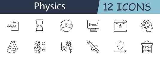 Physics set icon. Circuit, hourglass, sphere, equation, battery, brain, conic section, gears, pulley, rocket, , formula. Science concept. line icon on white background. vector