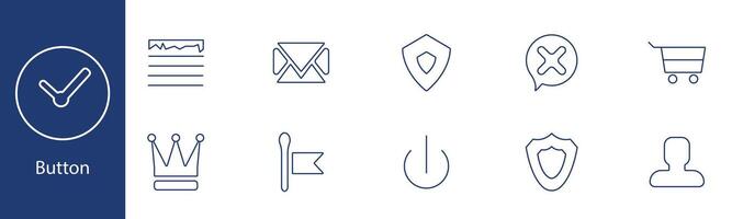 Button set icon. Checklist, email, shield, delete, cart, crown, flag, power, profile, security. UI, user interface, web design concept. vector
