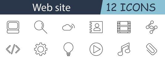 Website set icon. Includes symbols for search, cloud, user, and media. Perfect for web design, development, and online services concepts. line icon on white background. vector