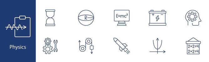 Physics set icon. Time, sphere radius, E mc formula, battery, brain gear, tools, pulley, rocket, graph, mathematics. Science, engineering, education concept. vector