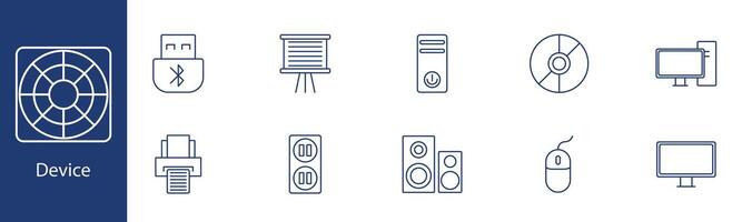 Device set icon. USB, projector, computer, disk, monitor, printer, outlet, speakers, mouse. Technology, electronics, equipment concept. vector
