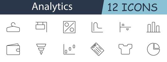 Analytics set icon. Hanger, calendar, percentage, graph, wallet, funnel, ticket, chart. Data analysis, financial statistics, business metrics concept. vector