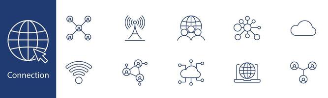 Connection set icon. Globe, wifi, antenna, people, cloud, network, online, digital. Internet, communication, connectivity concept. vector