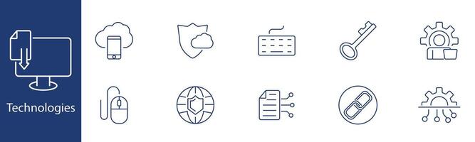 Technologies set icon. Download, cloud, security, keyboard, key, mouse, globe, document, link, user. Digital technology, cybersecurity, online services, IT solutions concept. vector