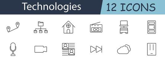 Technologies set icon. GPS, file system, smart home, radio, server, micro, camera, profiles, fast forward, cloud storage, router, document. Tech concept. line icon on white background. vector