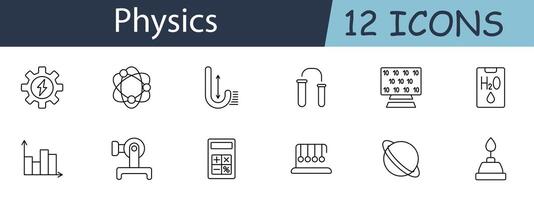 Physics set icon. Includes symbols for energy, atoms, and experiments. Ideal for education, science, and research concepts. line icon on white background. vector