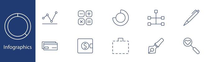 Infographics set icon. Chart, calculator, wallet, pen, suitcase, diagram, nodes, heart, finance, analysis. Data visualization, business, information concept. vector