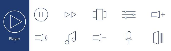 Player set icon. Play, pause, forward, equalizer, volume, music note, microphone, sound, speaker. Audio control, multimedia concept. vector