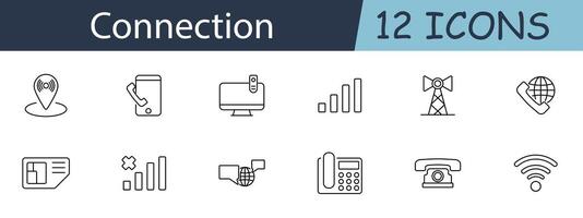 Connection set icon. Location pin, phone, computer, signal strength, cell tower, wifi, sim card, landline. Communication, networking, connectivity, digital interaction concept. vector