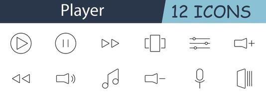 Player set icon. Play, pause, fast forward, settings, volume up, volume down, music note, microphone, speaker, equalizer, rewind. Multimedia controls, audio and playback concept. vector
