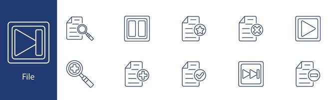 File set icon. Play, pause, search, star, check, add, document, delete, zoom, forward. File management, document control concept. vector
