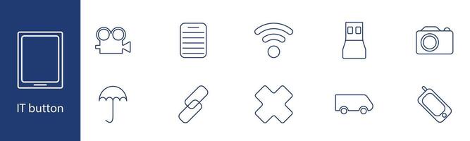 IT button set icon. Tablet, camera, list, wifi, USB, umbrella, link, delete, van, mobile. Technology, connectivity, communication concept. vector
