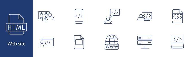Website set icon. HTML, CSS, code, mobile, server, www, profile, web design, internet, interface. Web development, programming, coding concept. vector