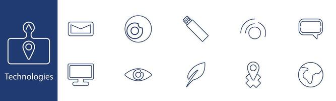 Technologies set icon. Email, USB, location, globe, monitor, eye, feather, chat, key, world. Digital, network, innovation concept. vector