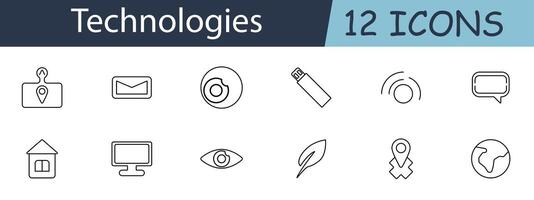 Technologies set icon. Location pin, envelope, camera, USB, wifi, message, house, monitor, eye, feather. Digital devices, communication tools, tech accessories concept. vector