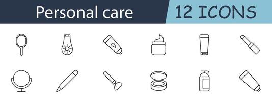 Personal care set icon. Includes mirror, cream, lipstick, and grooming tools symbols. Perfect for beauty, skincare, and self-care concepts. line icon on white background. vector
