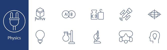 Physics set icon. Formula, atom, weight, satellite, gyroscope, microscope, bulb, test tube. Science, research, experiments, physical laws concept. vector