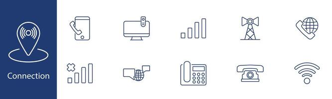 Connection set icon. Phone, signal, tower, network, internet, communication, globe, wifi, telecommunication, call. Connectivity, technology, global communication concept. vector