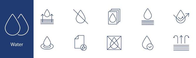 Water set icon. Drops, absorption, moisture, impermeability, permeability, layers, wetness. Water management, fluid dynamics, hydrology concept. vector